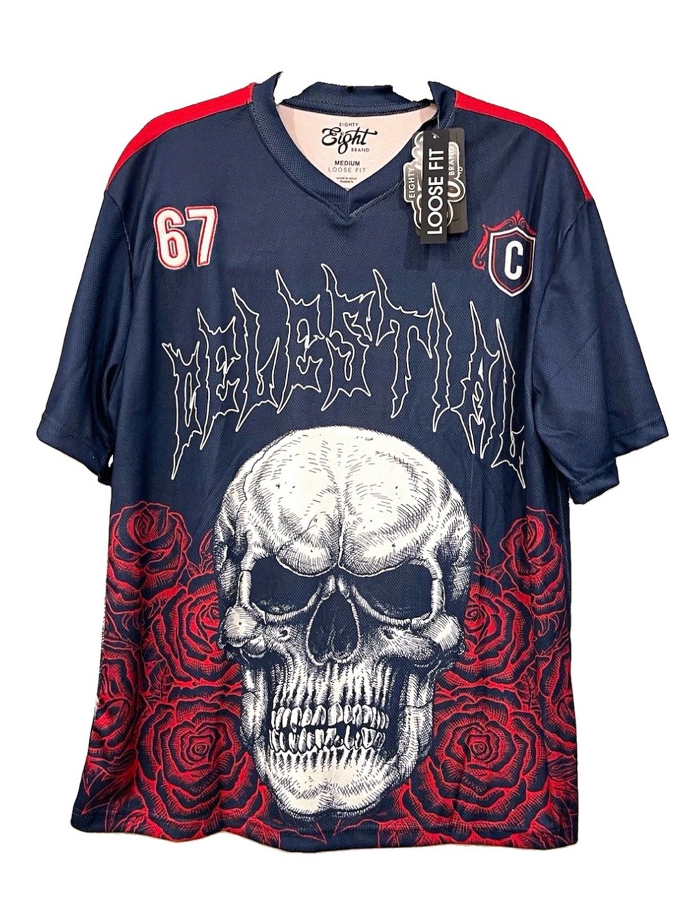 Eighty Eight Brand Mens V-Neck Blue/Red size M Mesh Polyester Skull Graphic NWT